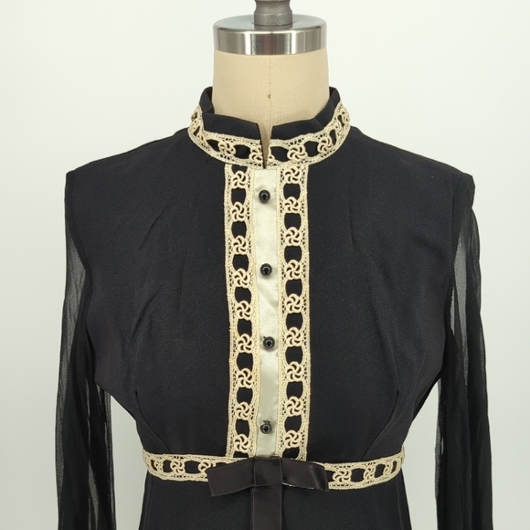 01519 Vintage Women's Embroidered Bow Dress Black Cream Size 7/8 coquette girl - Picture 3 of 13